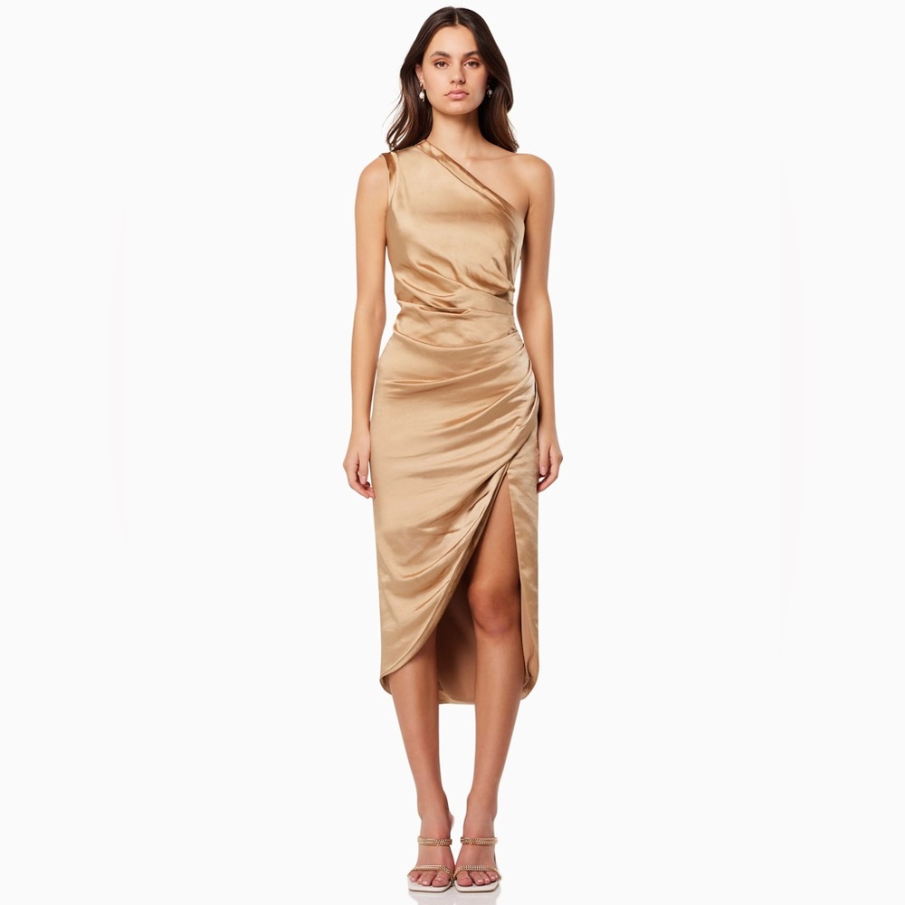 Elliatt Gold One-Shoulder Midi Dress